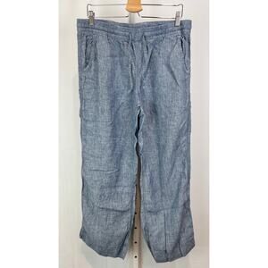 L.L. BEAN  Size 14 Premium Washable Linen Pull-On Pants 506767 Wide Leg Blue
